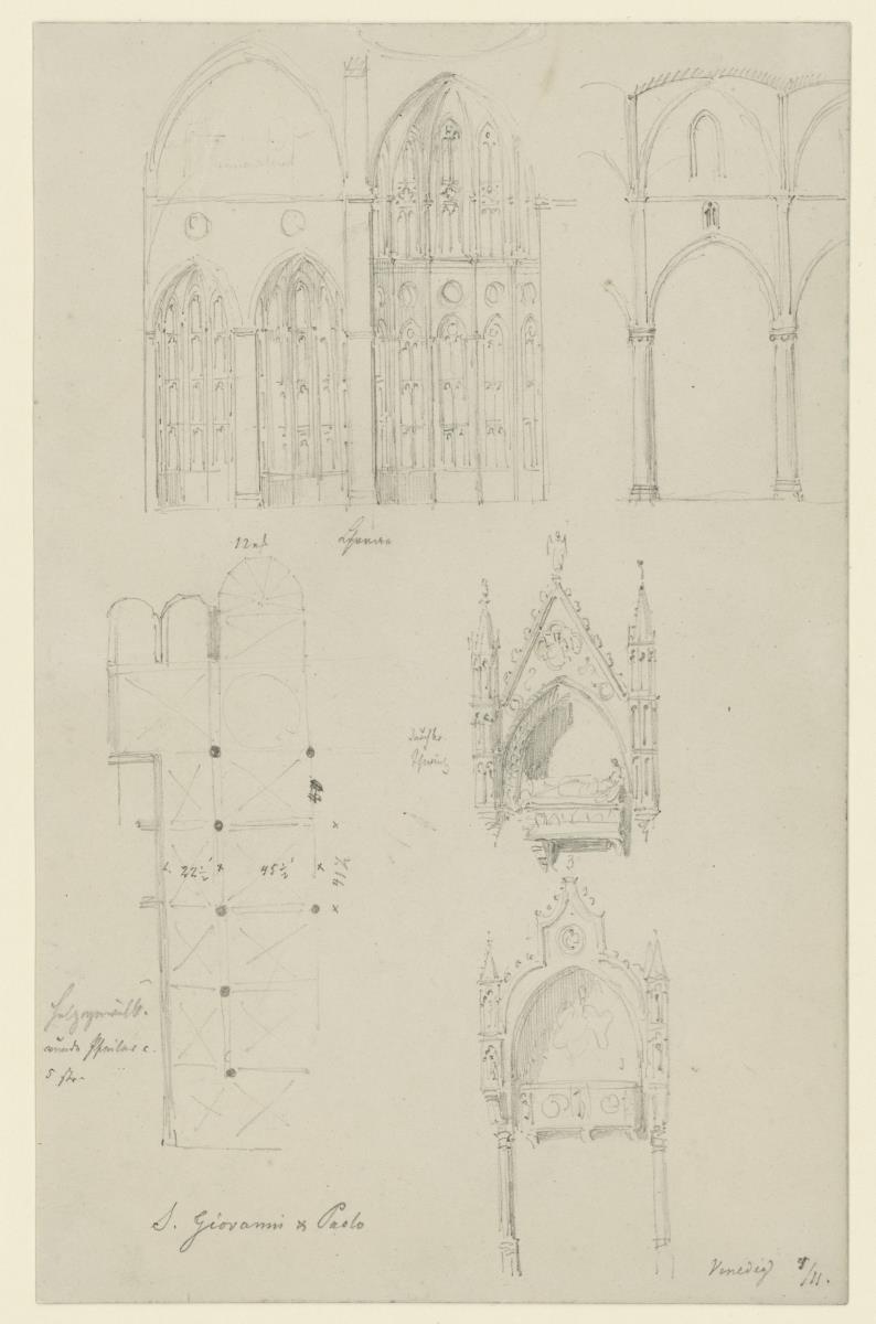 Venedig,S. Giovani e Paolo (Zanipolo), Grundriß, Ansicht der Chorkapellen, Aufriß eines Langhausjochs, Grabdenkmäler