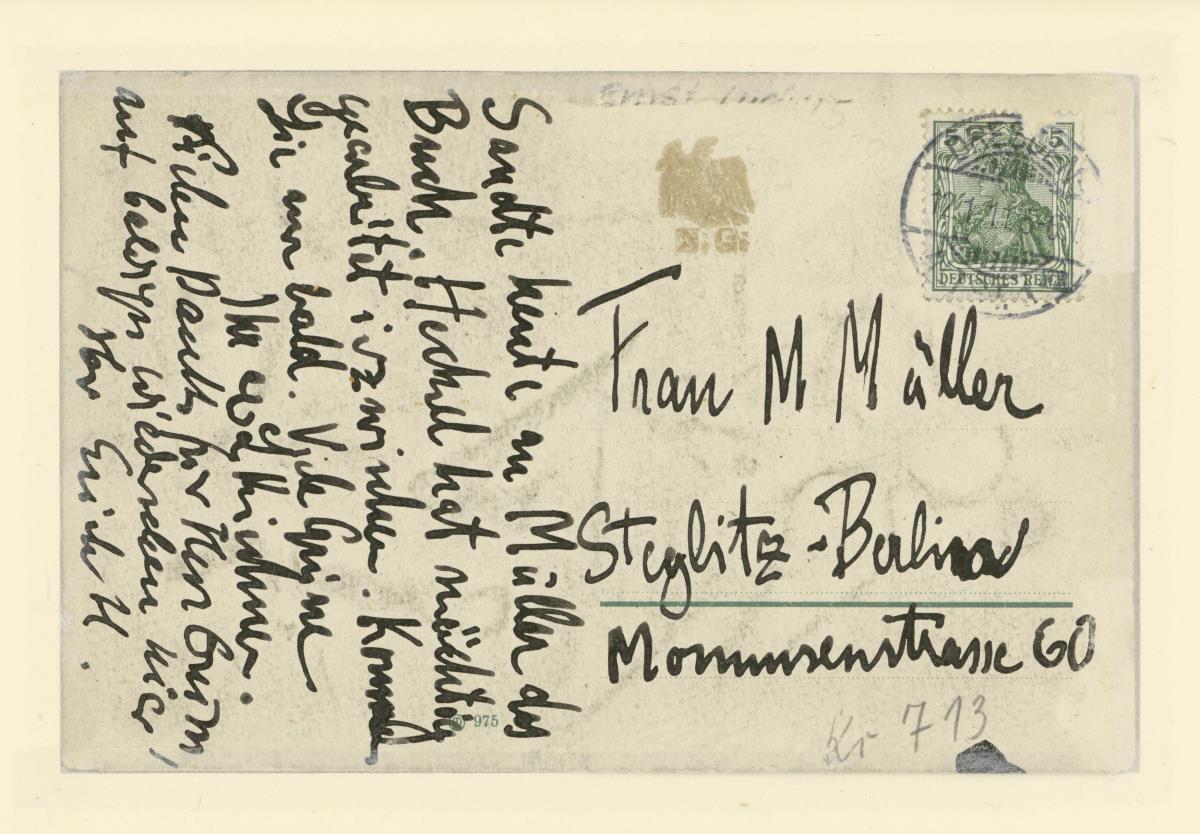 Textseite der Postkarte an M.Mueller. Auf der Vorderseite die Zeichnung "Tänzerin"