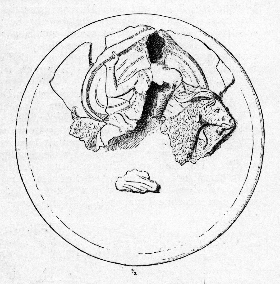 Deckel eines griechischen Klappspiegels mit stark fragmentiertem Relief: Aphrodite auf dem Bock