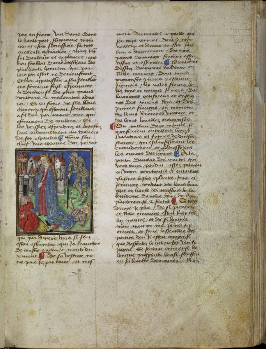 Alain Chartier, Oeuvres poetiques. Spaltenbreite Miniatur allegorischen Inhalts. Eine gekrönte Frau (Frankreich) klagt mit einem Ritter und einem vor ihr sitzenden Edelmann über das (von den Engländern) heimgesuchte Land. Am Boden ein erschlagener Bauer.