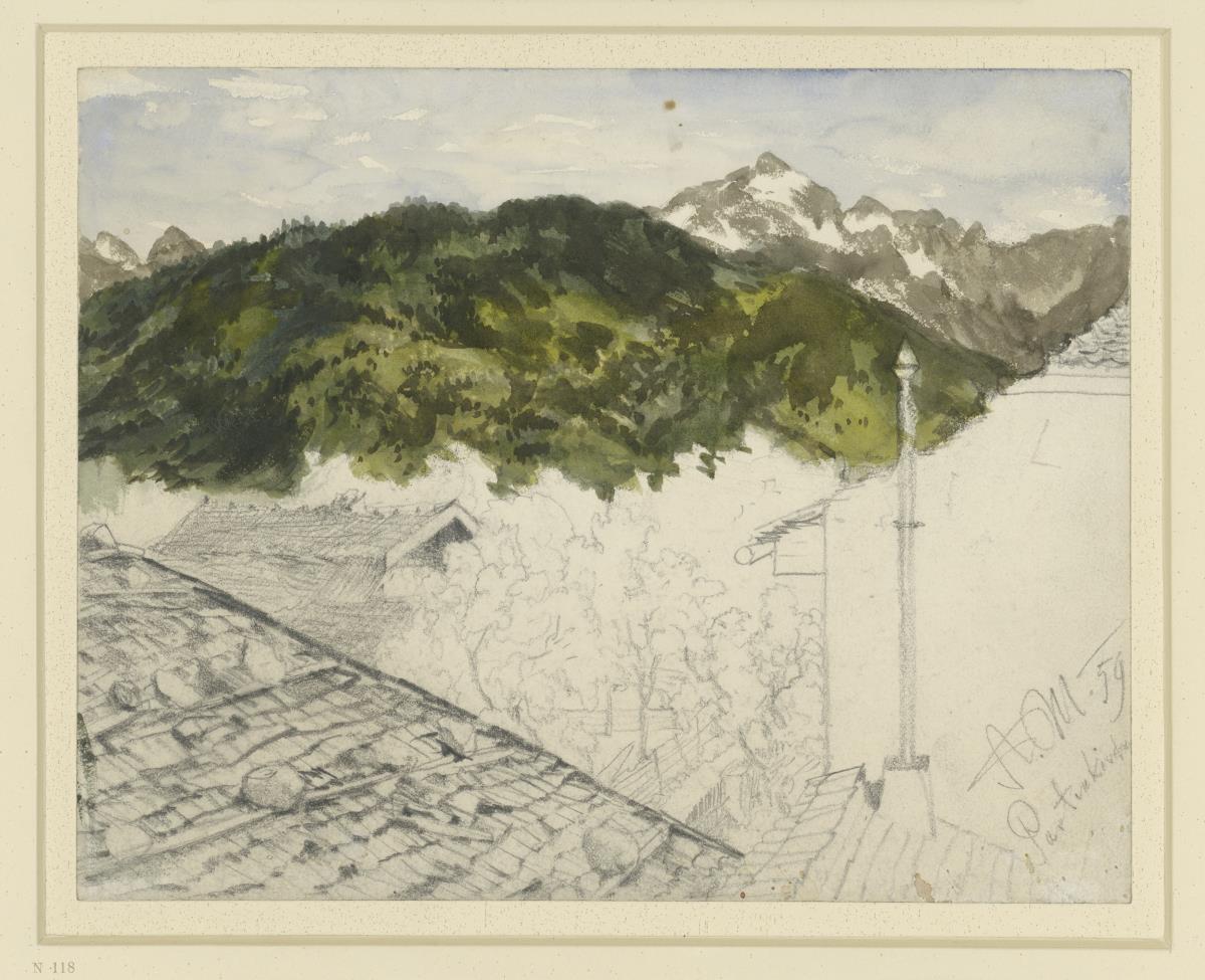Partenkirchen, Blick auf Gebirge und Bauernhäuser