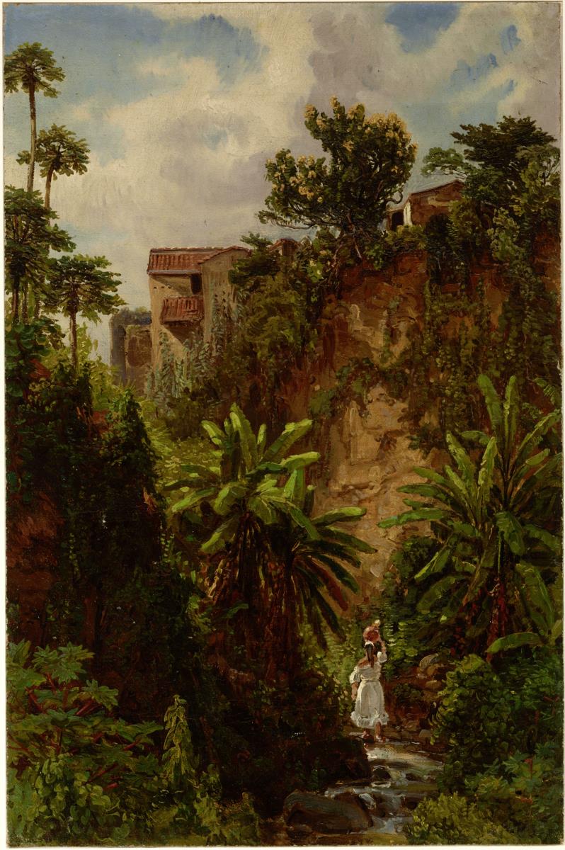 Motiv aus Caracas. Schlucht mit Bach und weiblicher Rückenfigur, oben Wohnhäuser