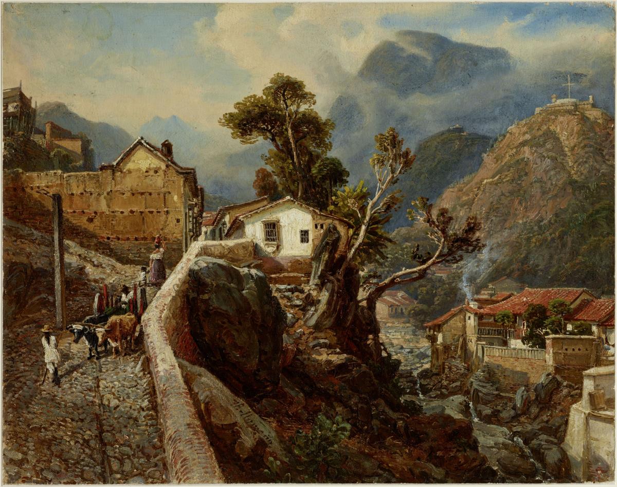 Straße in Laguaira mit figürlicher Staffage und Rindergespann