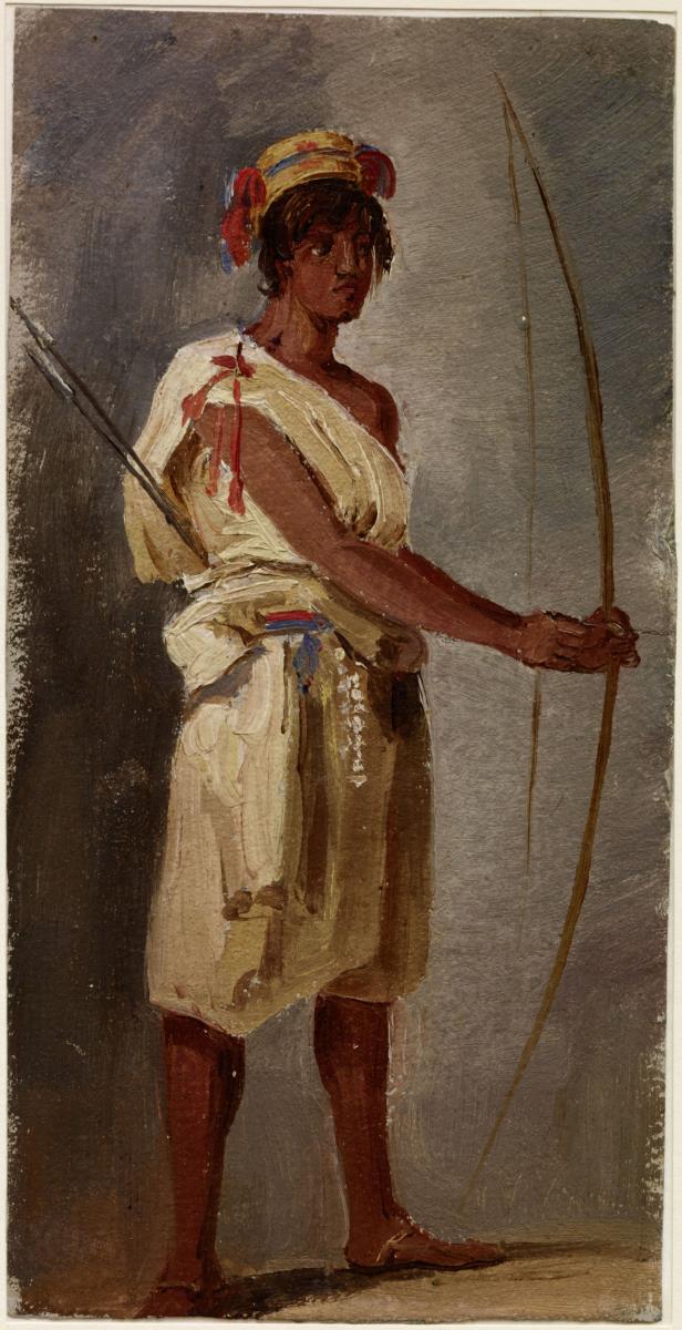 Mann mit Pfeil und Bogen. Ganze Figuer, stehend nach rechts