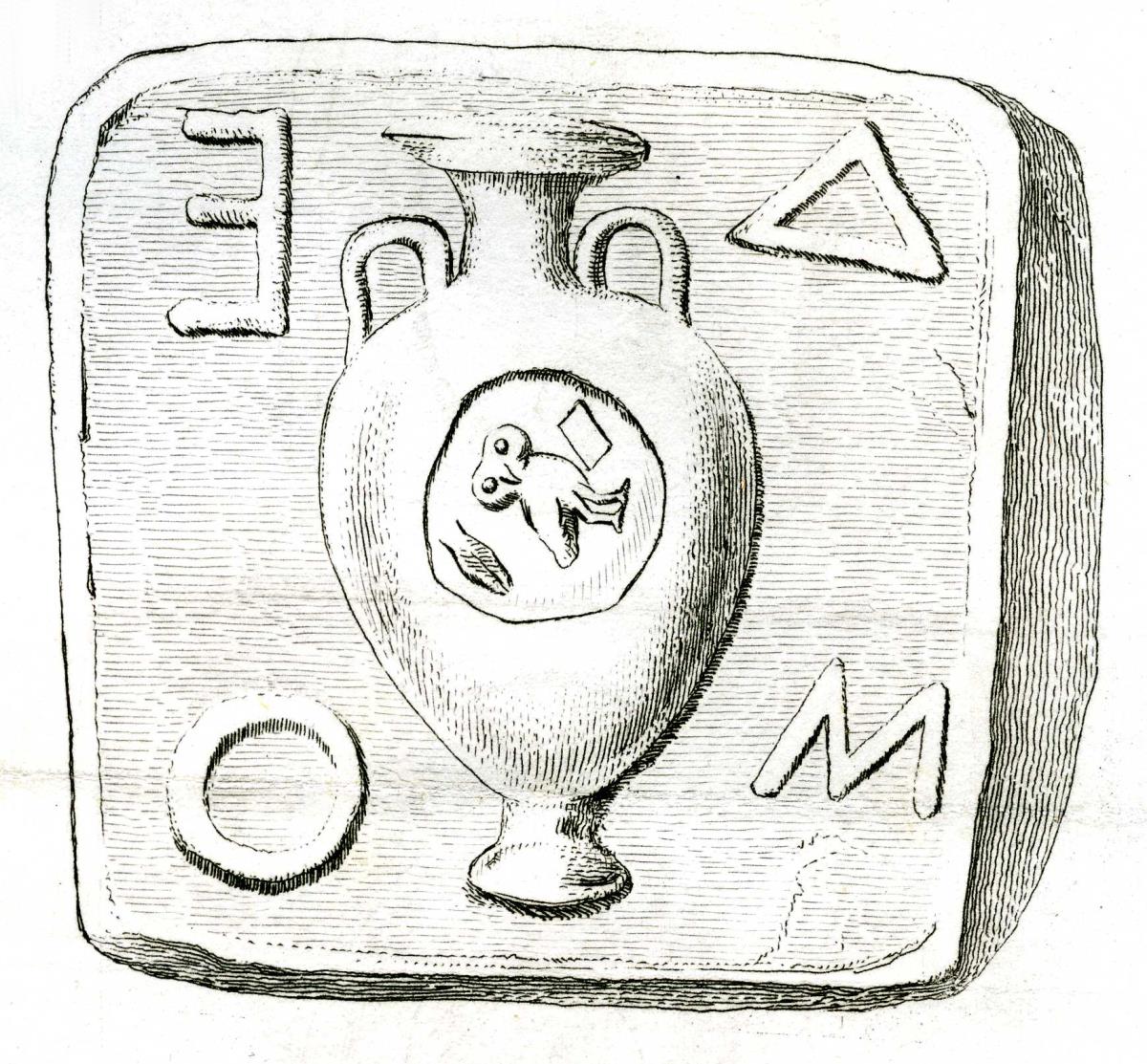 Bleigewicht mit Amphora, eingestempelter Eule und griechischer Aufschrift: ΔΕΜΟ