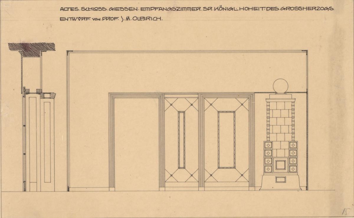 Giessen, Grossherzogliche Wohnung im Alten Schloss, Empfangszimmer, Aufriss der Westwand mit Schnitt