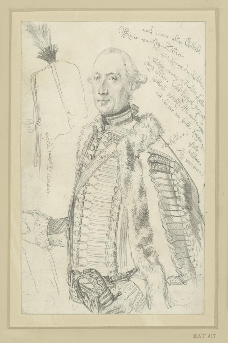 Offizier aus dem Regiment Zieten, Pelzmütze, mit Notizen