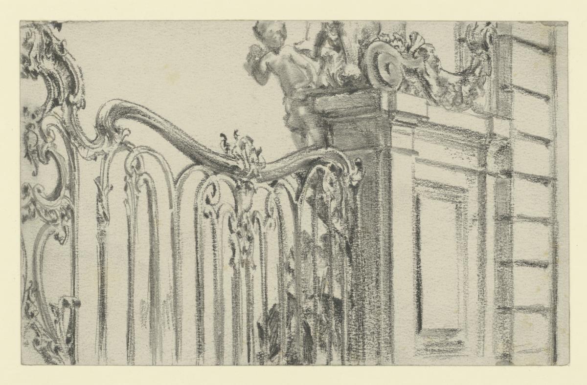 Schmiedeeisernes Gitter und Rückseite des Brunnens im westlichen Ehrenhof des Taschenbergpalais in Dresden