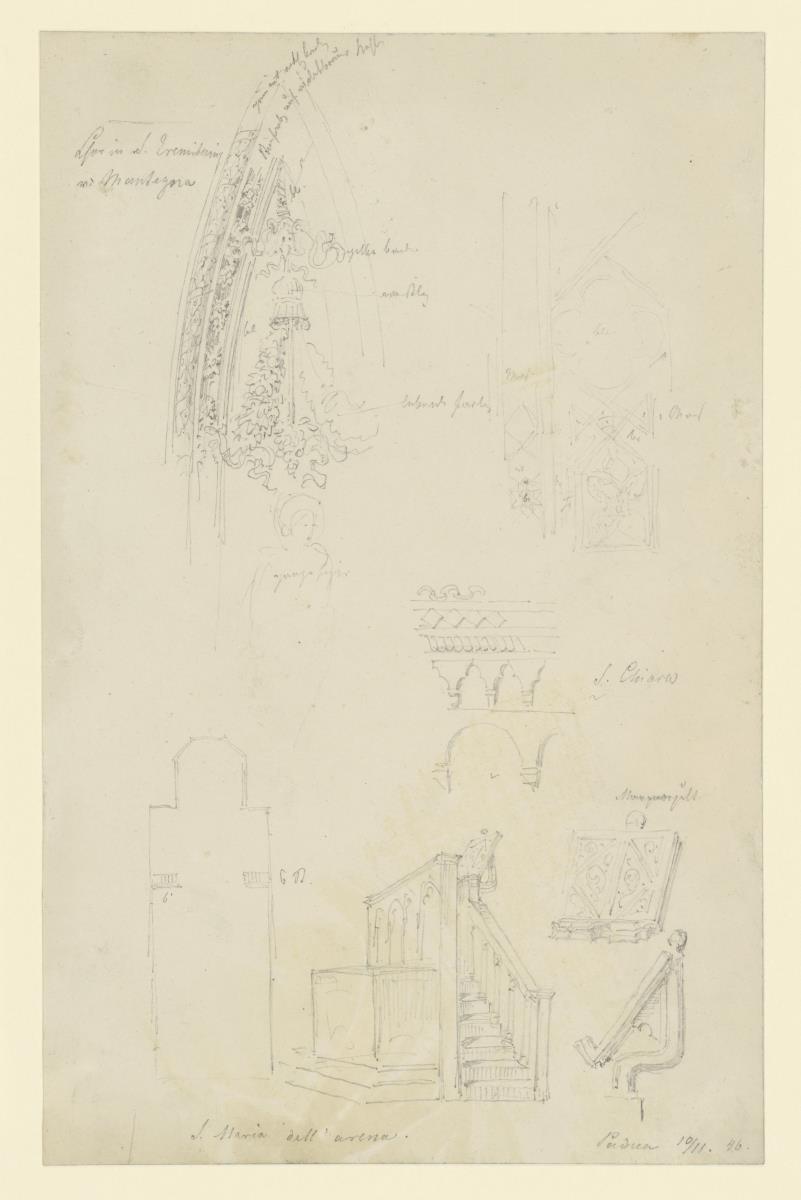 Padua, Grundriß der Cappella degli Scrovegni, Marmorpult, Kanzel, Bogen der Chorkapelle, Ovetari der Chiesa degli Eremitani