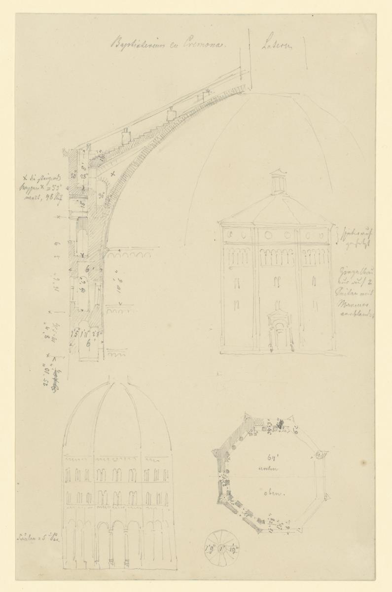 Cremona, Baptisterium, Konstruktion der Kuppelschale, Ansicht Innenraum, Grundrß