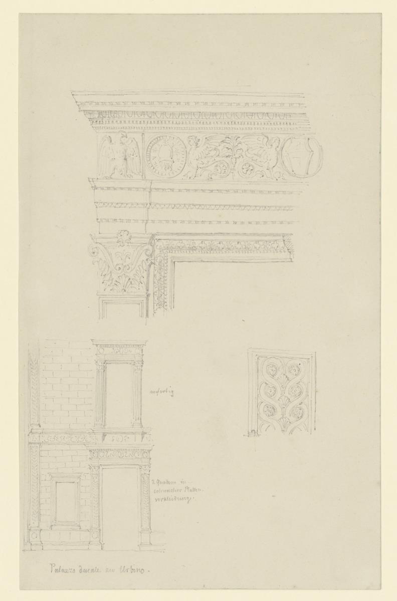 Urbino, Palazzo Ducale, Türgesims, Fassadendetail