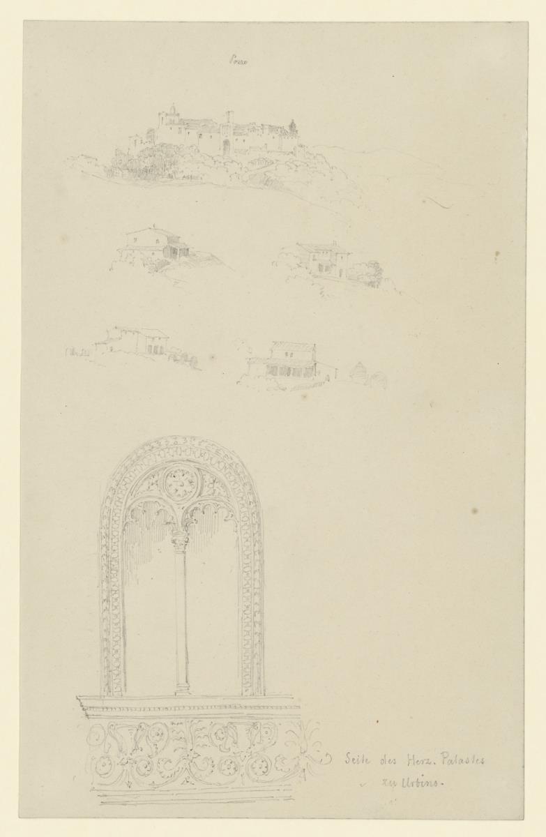 Urbino, Palazzo  Ducale, Fensterrahmung; Pozzo Villen, Stadtansicht