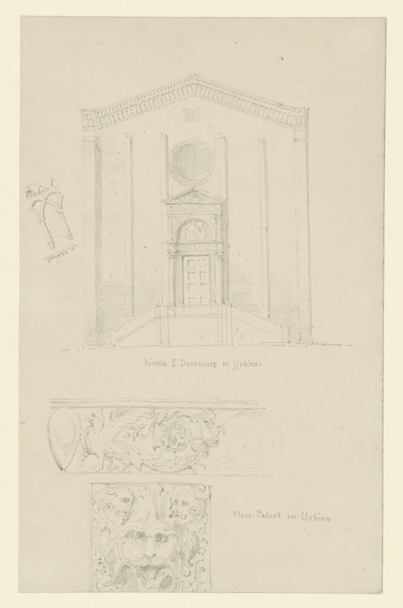 Urbino, Fassade von S. Domenico; Oranmentfries, Ornamentdetail Herzöglicher Palast