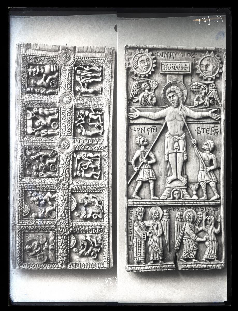 Zweiseitige Tafel mit Kreuzigung Christi und Szenen der Genesis