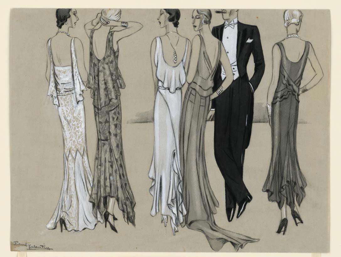 Frauen in Abendkleid und Mann in Frack
