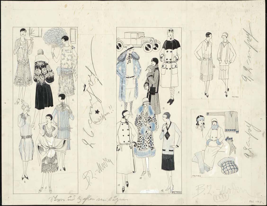 Frauen in Abendkleid, Winterkleidung, Freizeitkleidung und Accessoires