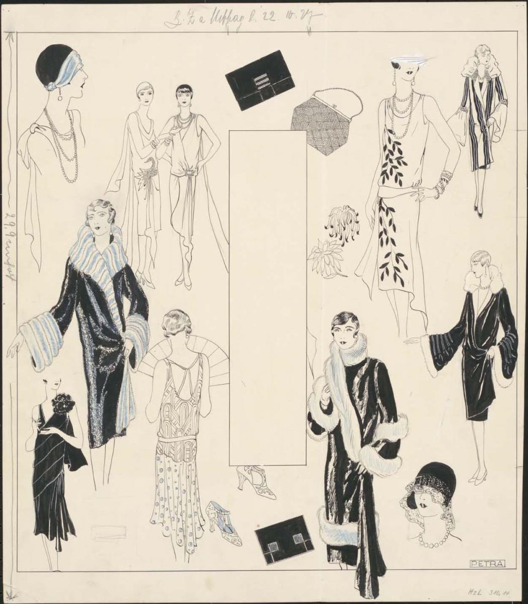 Frauen in Abendkleidung und Accessoires