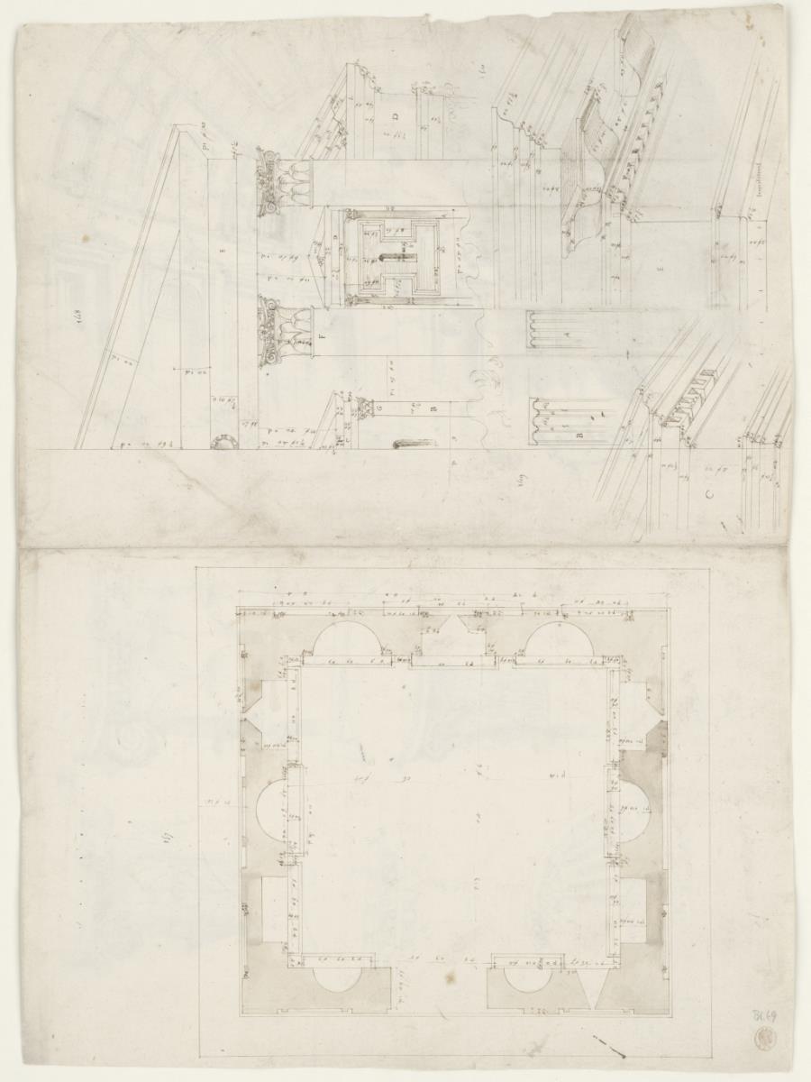 Grundriss und Teilaufriss vom Tempel des Mars und Grabtempel vor der Porta Latina