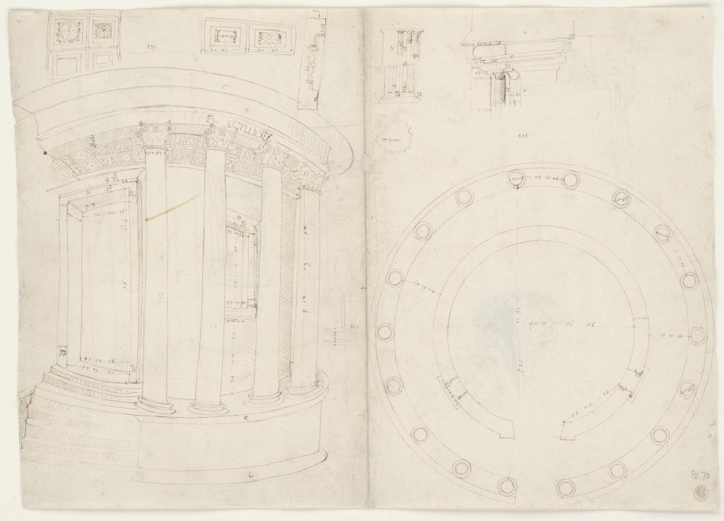 Ansicht und Grundriss vom Rundtempel der Vesta in Tivoli
