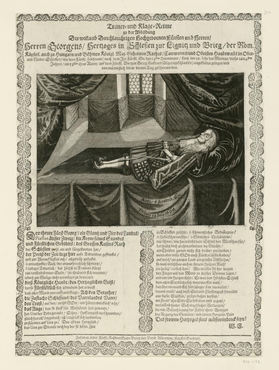 Herzog Georg von Schlesien auf dem Paradebett. Flugblatt