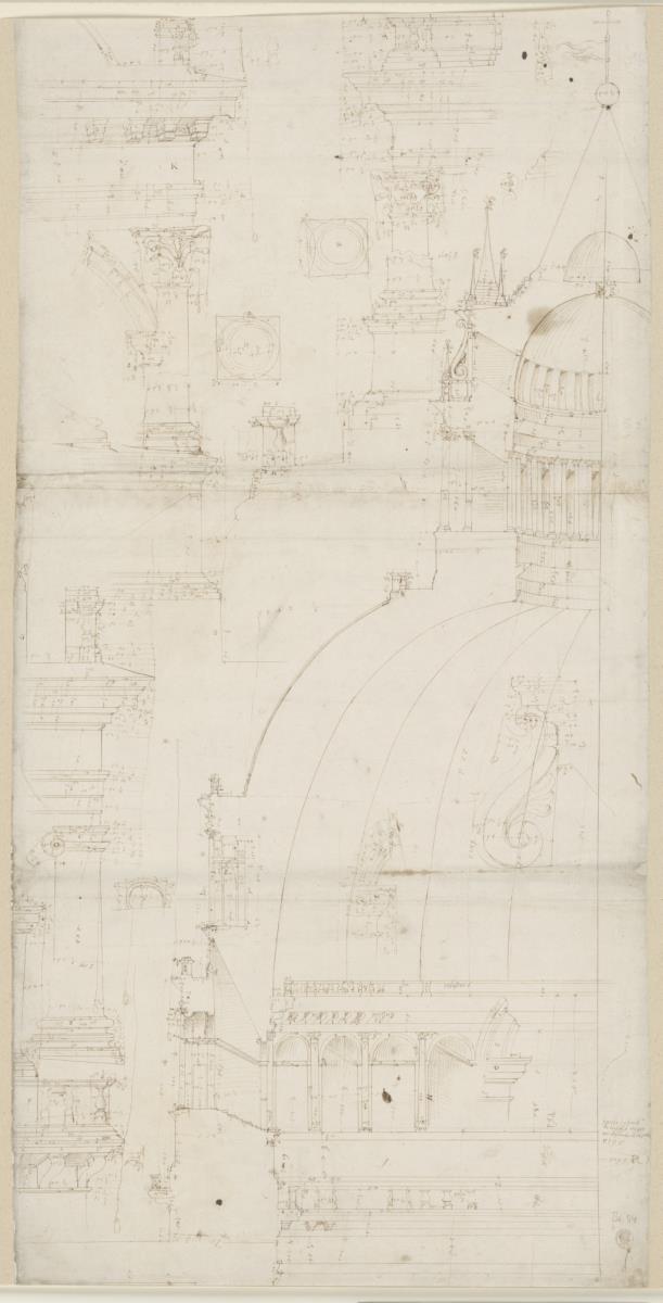 Schnitt durch die Kuppel und architektonische Details der Peterskirche, nach dem Modell von Labacco