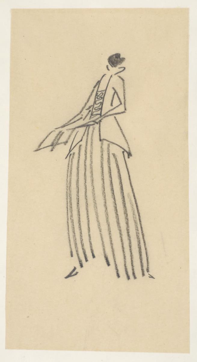 Kleidentwurf für Luise Mendelsohn. Skizze für ein Jackenkleid - Figurine in Dreiviertelansicht nach links