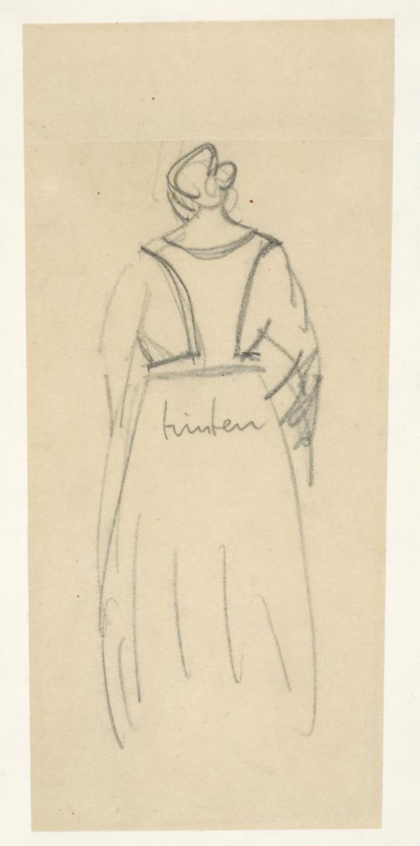 Kleidentwurf für Luise Mendelsohn. Skizze für ein Kleid mit Weste - Figurine in Rückansicht