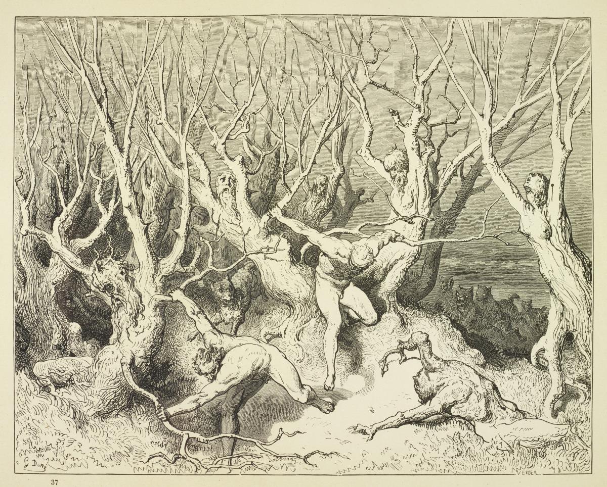 Göttliche Komödie. Inferno 13, 116-118 ("Sie kamen in voller Hast gelaufen / von links, zerkratzt und nackend die Gebeine / die Alles vor sich rannten über'n Haufen / "O, eile, Tod, o, Eile - schrie der Eine.")