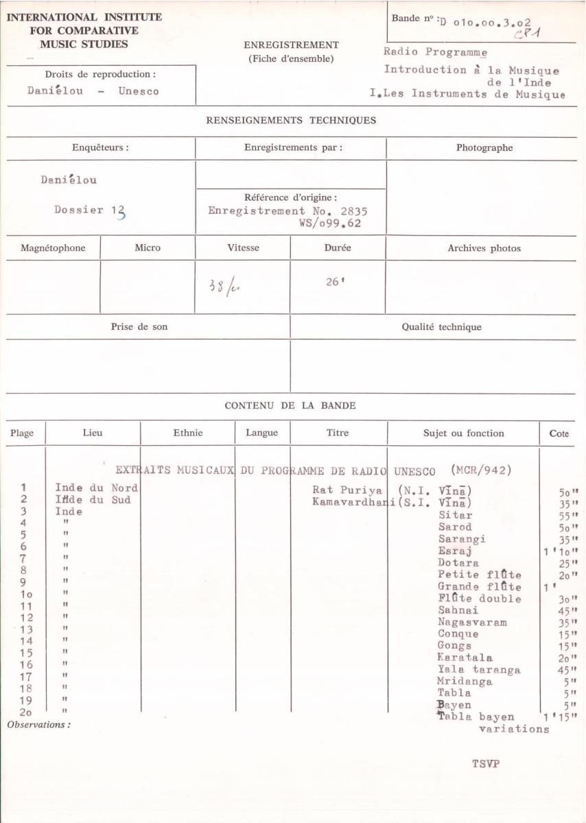 Radio Programme "Introduction à la Musique de l'Inde; 1. Les Instruments de Musique"
