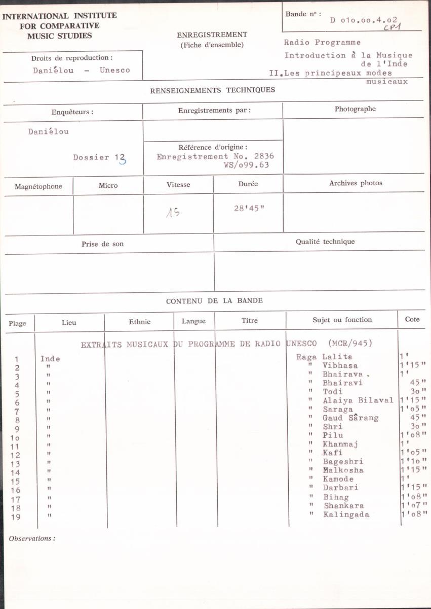 Radio Programme "Introduction à la Musique de l'Inde ; II. Les principeaux modes musicaux"