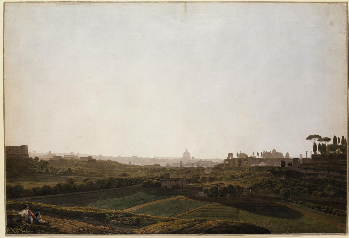 Blick auf Rom von Südosten aus, links das Kloster Sta. Margherita, rechts der Palatin