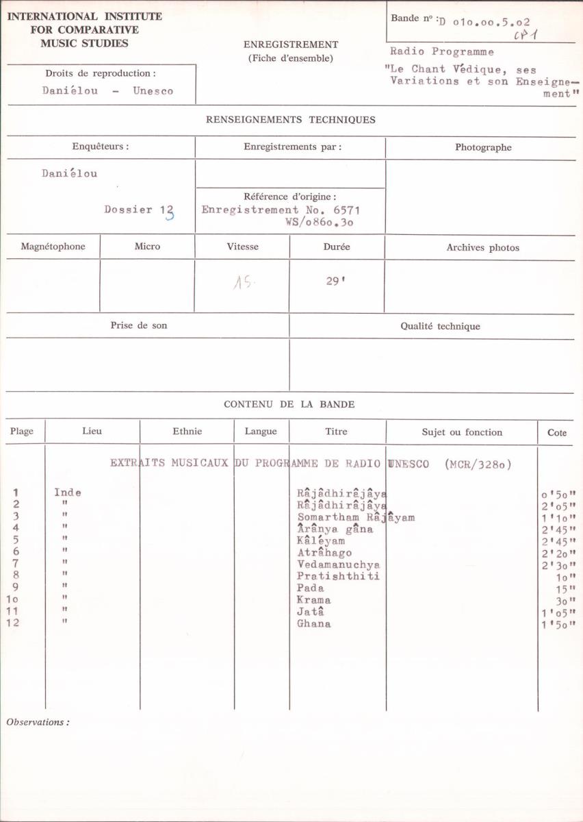 Radio Programme "Le Chant Védique, ses Variations et son Enseignement": Extraits musicaux du programme de Radio Unesco (MCR/3280)