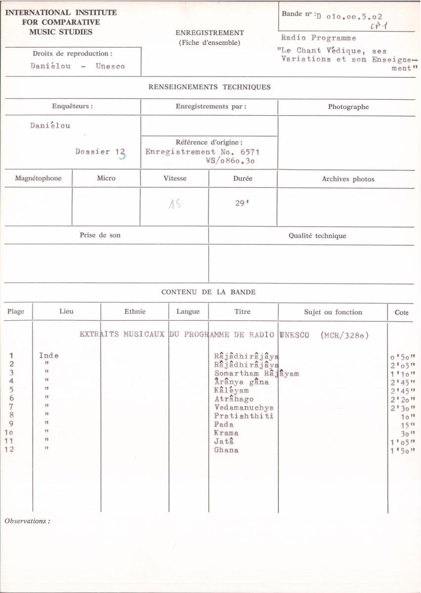 Radio Programme "Le Chant Védique, ses Variations et son Enseignement": Extraits musicaux du programme de Radio Unesco (MCR/3280)
