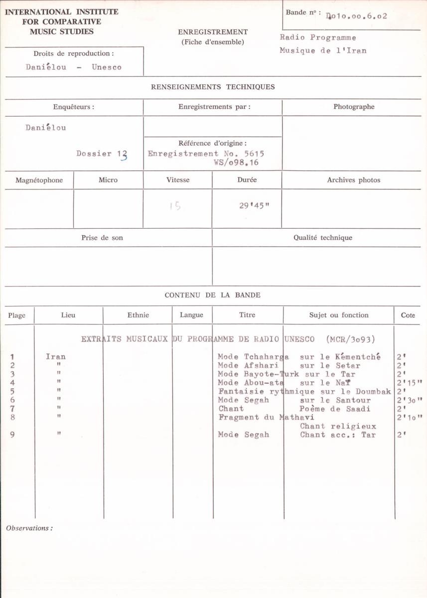 Radio Programme "Musique de l'Iran"