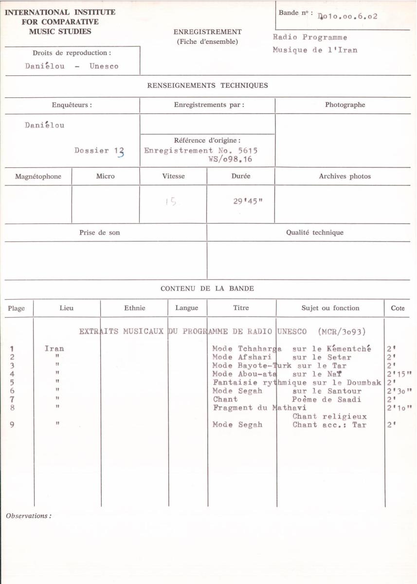 Radio Programme "Musique de l'Iran"