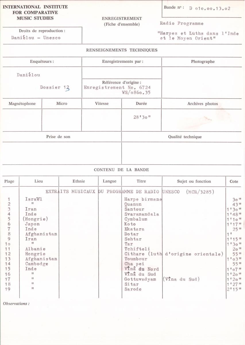 Radio Programme "Harpes et Luths dans l'Inde et le Moyen Orient": Extraits musicaux du programme de Radio Unesco