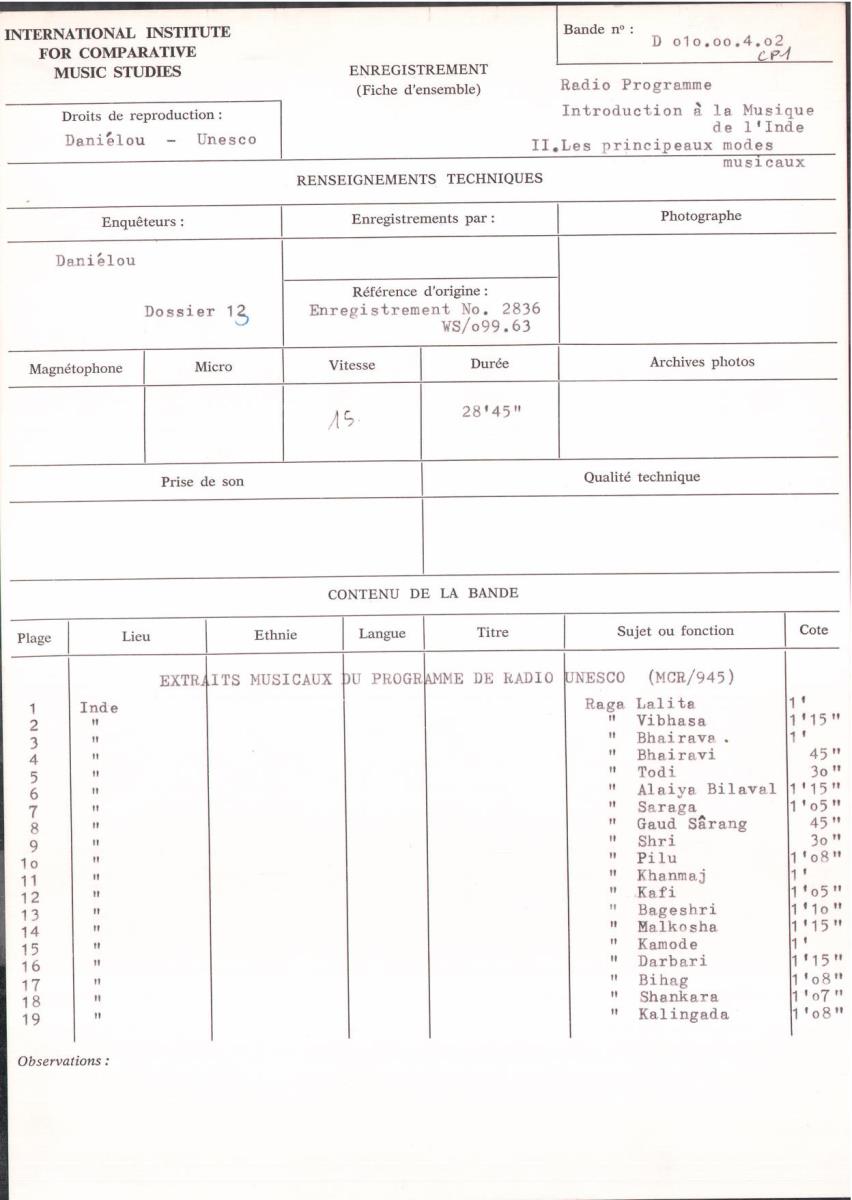 Radio Programme "Introduction à la Musique de l'Inde ; II. Les principeaux modes musicaux"