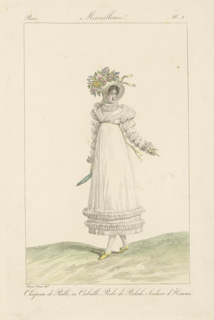 Incroyables et Merveilleuses: Tafel 8: chapeau de paille, robe de perkale