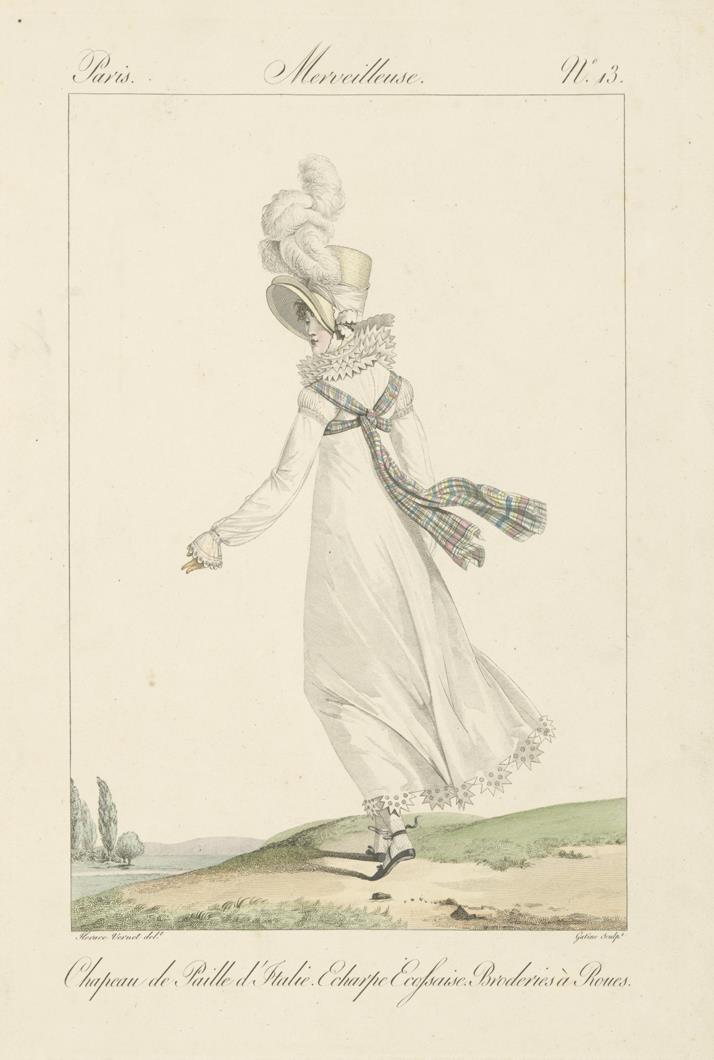 Incroyables et Merveilleuses: Tafel 13: chapeau de paille d'Italie, écharpe ecossaise