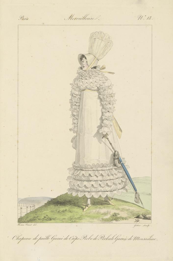 Incroyables et Merveilleuses: Tafel 18: chapeau de paille garni de crêpe, Robe de Perkale