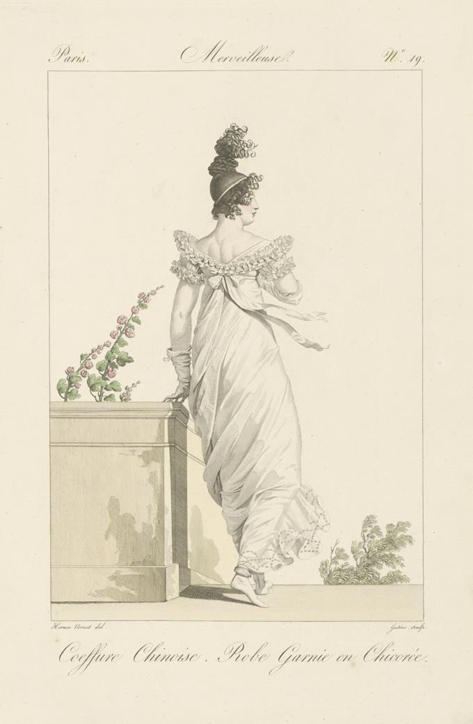 Incroyables et Merveilleuses: Tafel 19: Coiffure chinoise, robe garnie en chicorée