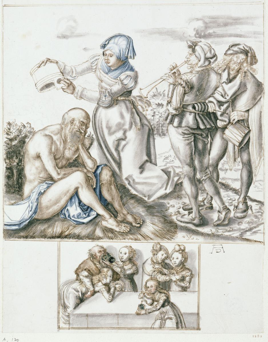 Hiob, von seiner Frau mit Wasser begossen, mit Trommler und Pfeifer nach zwei Tafeln von Albrecht Dürer, darunter zwei Männer mit vier Frauen im Freudenhaus