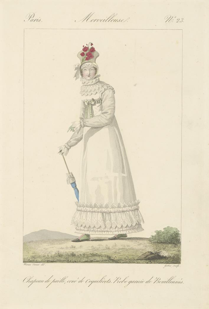 Incroyables et Merveilleuses: Tafel 23: chapeau de paille, robe garnie de bouillonnés