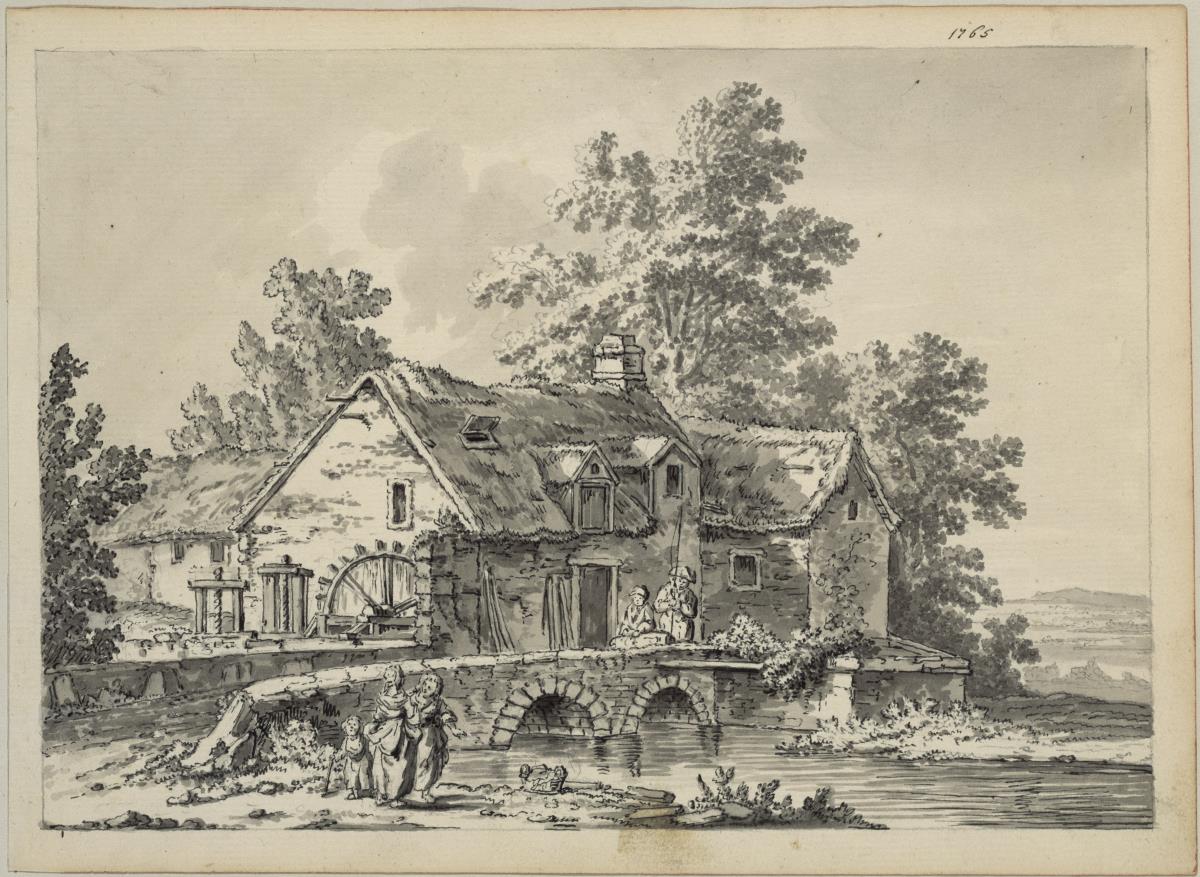 Brücke mit Wassermühle und Staffage