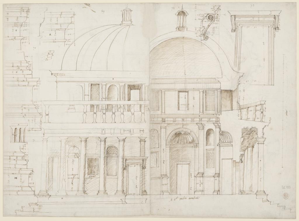 Aufriss und Schnitt von Bramantes Tempietto von San Pietro in Montorio