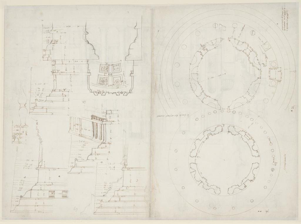 Grundrisse und architektonische Details von Bramantes Tempietto von San Pietro in Montorio