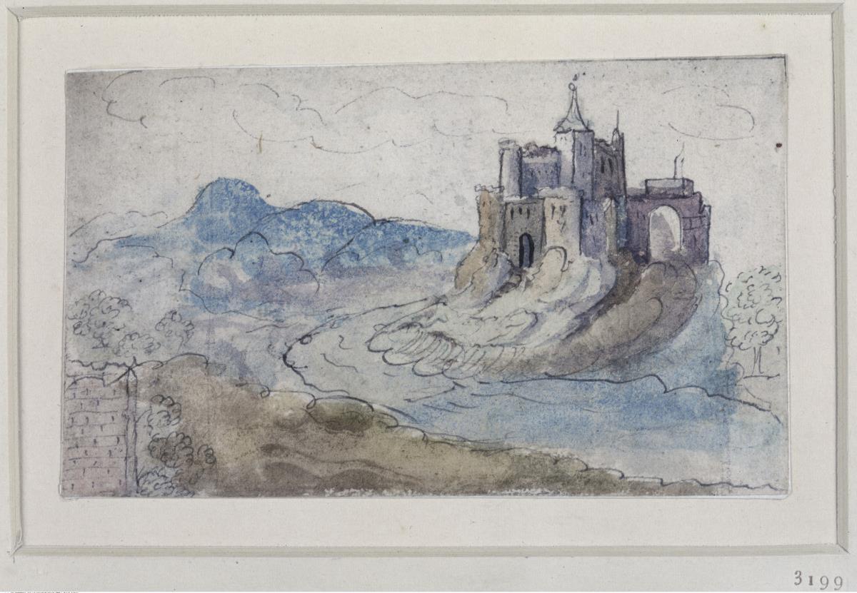 Eine Burg auf einer Anhöhe an einem Wasserlauf