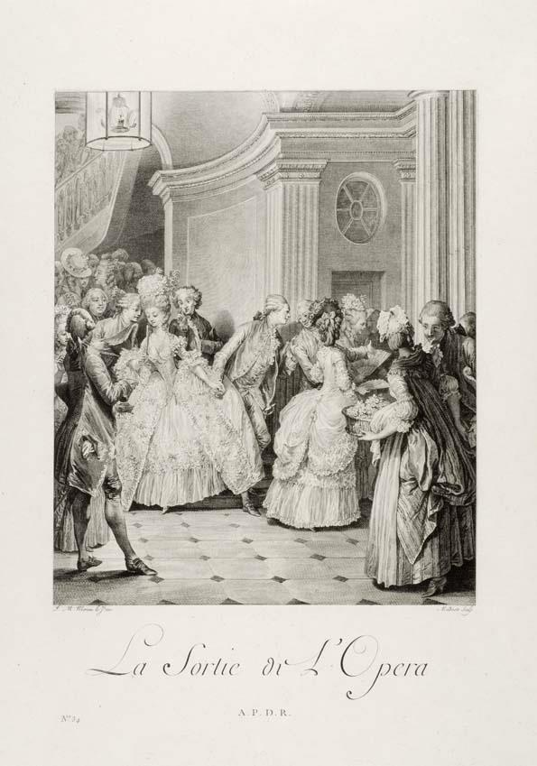 Monument du costume physique et moral de la fin du dix-huitième siècle: Blatt 34: la sortie de l'opéra