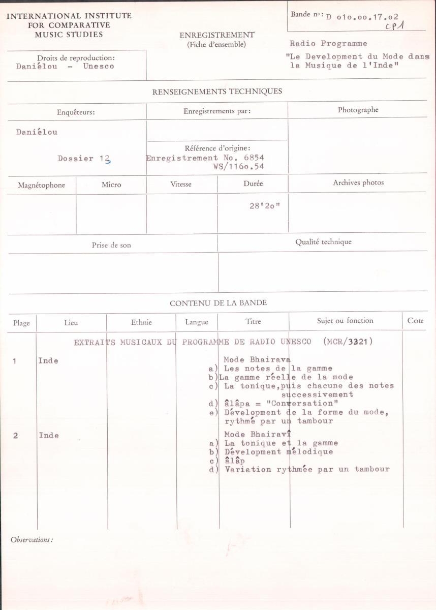 Radio Programme "Le Dévelopment du Mode dans la Musique de l'Inde": Extraits musicaux du programme de Radio Unesco (MCR / 3321)