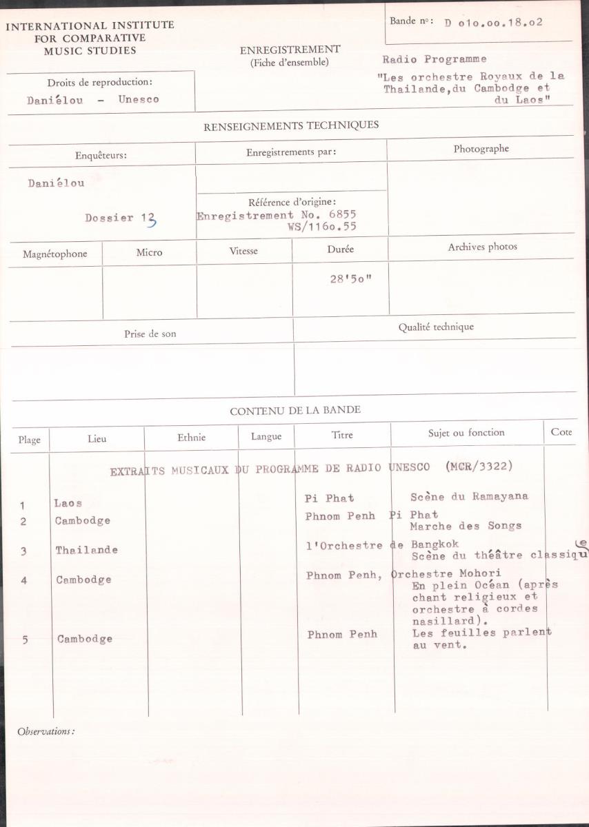 Radio Programme "Les Orchestres Royaux de la Thailande, du Cambodge et du Laos": Extraits musicaux du programme de Radio Unesco (MCR / 3322)